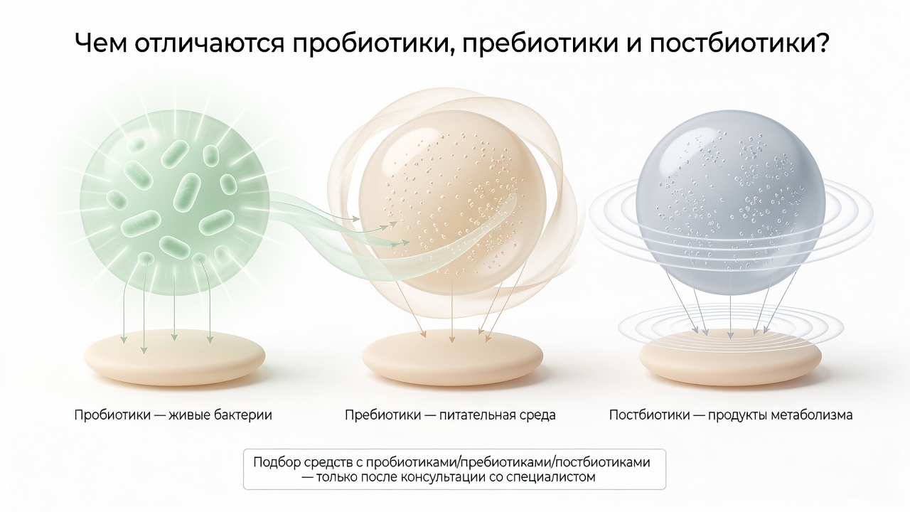 Пробиотики, пребиотики и постбиотики для кожи: как они работают при акне